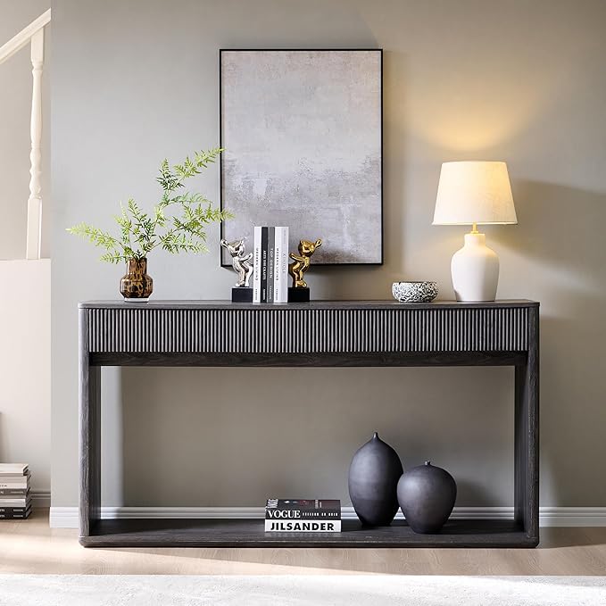 OKD 63" Fluted Console Table for Entryway, Modern Entryway Table with 2 Large Drawers, Long Sofa Table Behind Couch for Living Room, Hallway, Couch, Foyer,Dark Alder
