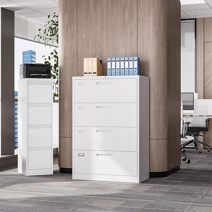 Lateral Filing Cabinet,4 Drawer File Cabinet with Lock,Office Lateral File Cabinets for Legal/Letter A4 Size,Require Assembly, White