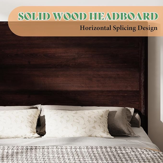 AMERLIFE Queen Size Bed Frame with 51.2" Spliced Headboard, Rustic Bedframe Wood Platform Bed/Wood Slats Support, No Box Spring Needed, Noiseless, Dark Brown
