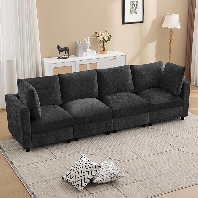 4-Seater Modular Sectional Cloud Sofa, Straight-Line Couches for Living Room, Modern Upholstered Deep Seat Sofa, Chenille Dark Grey