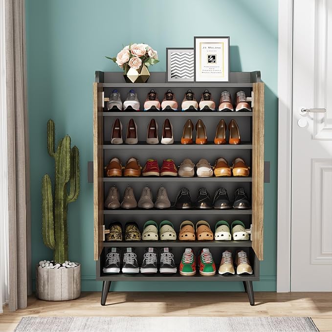Tribesigns Shoe Cabinet with Doors, 7-Tier Shoe Storage Cabinet with Adjustable Shelves, Wooden Shoes Rack Shoe Storage Organizer for Entryway, Hallway, Closet, Living Room, Rustic Brown