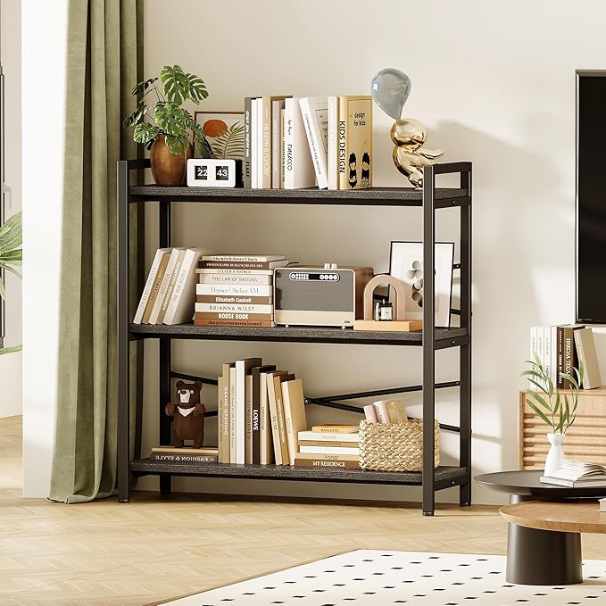 Book Shelf, 3 Tier Bookshelf 31.49" Width, Book Shelf Storage and Organization, Wooden and Metal Industrial Bookcase, Large Book Shelves for Home Living Room Bedroom Office Storage(Grey)