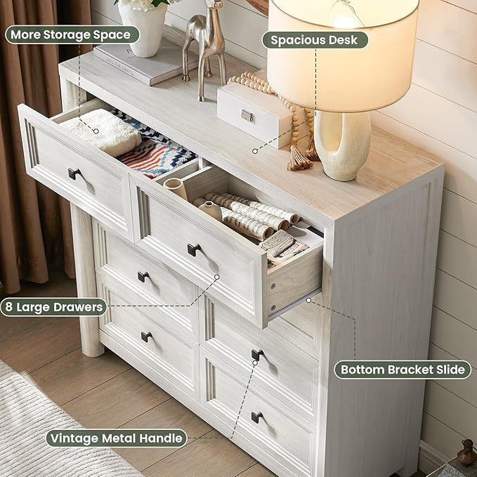 41" Tall White Dresser, Farmhouse 8 Drawers Dressers for Bedroom, Vertical Chest of Drawers for Bedroom Nursery with Metal Handle, Modern Rustic Wood Dresser for Closet, Living Room