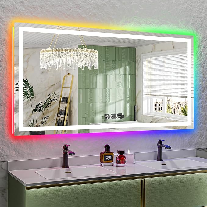68x36 Inch RGB LED Bathroom Mirror Front Light and RGB Backlit Lighted Vanity Mirror for Bathroom Wall Mounted Dimmable Anti Fog Memory Shatter-Proof IP54 Waterproof Horizontal/Vertical
