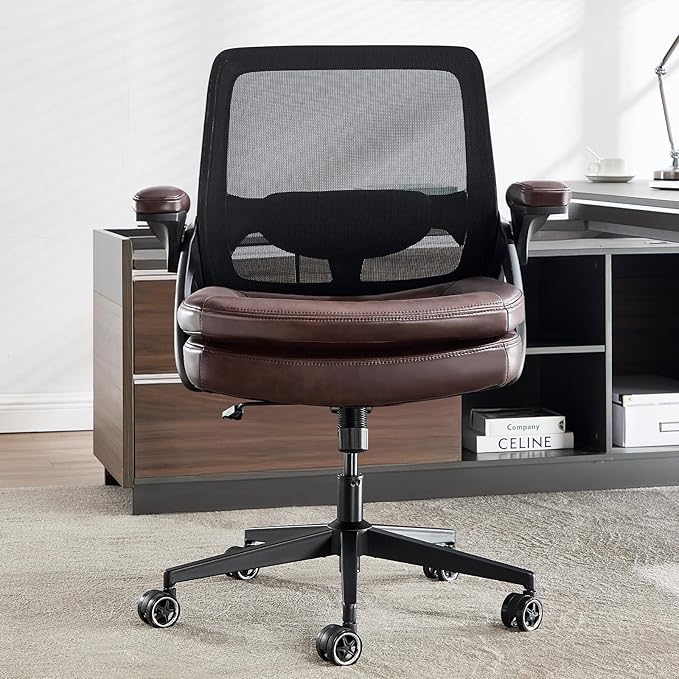 Big and Tall Office Chair, 500lbs Mesh Heavy Duty Ergonomic Desk Chair with Flip-up Armrests, Plus Size Wide Seat in PU Leather, 360 Swivel Computer Executive Task Chair for Home Office (Brown)