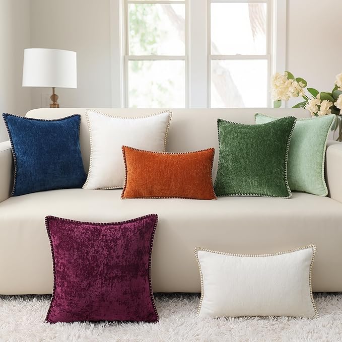 decorUhome Chenille Soft Throw Pillow Covers 12x20 Set of 2, Lumbar Velvet Farmhouse Neutral Decorative Euro Pillow Covers with Stitched Edge for Couch Sofa Bed Home Decor, Mineral Yellow