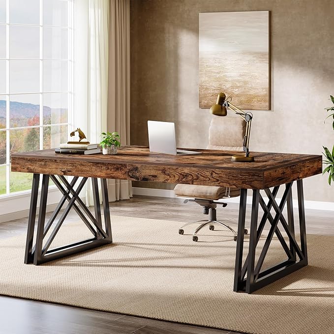 Tribesigns 63-Inch Executive Desk, Farmhouse Office Computer Desk with Sturdy X-Shaped Legs, Large Writing Table Business Furniture Workstation for Home Office, Study (Rustic Brown & Black)