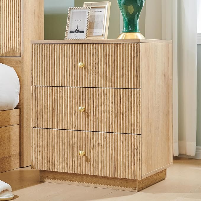 Fluted Night Stand with Charging Station, 21.65" Nightstand with Drawer, 3 Drawer Dresser for Bedroom, Morden End Table Bedside Table Chests of Drawers for Bedroom, Living Room, Natural