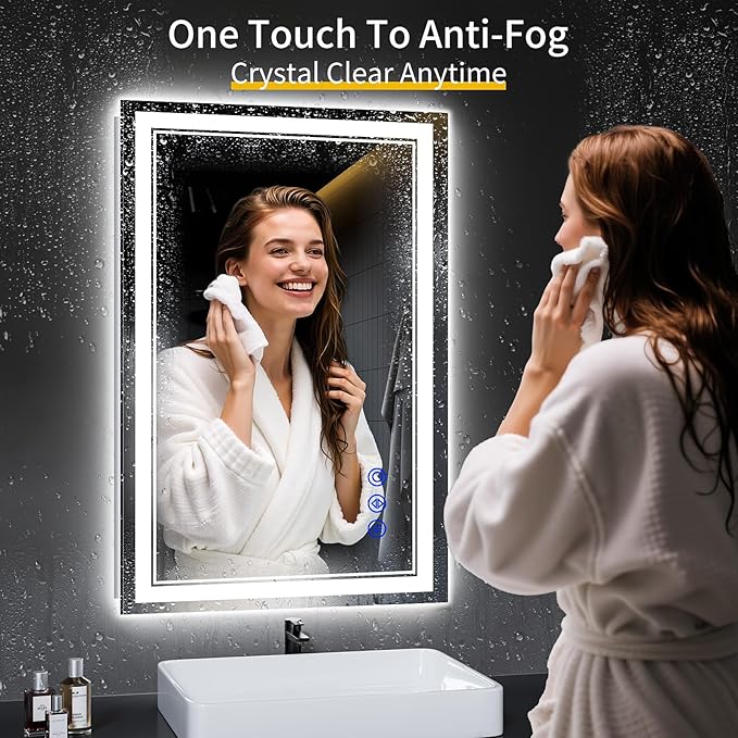 36"x24" LED Bathroom Mirror with Anti-Fog, Stepless Dimmable Lights, 3 Color Modes, Shatter-Proof Tempered Glass, Memory Function & Waterproof Design