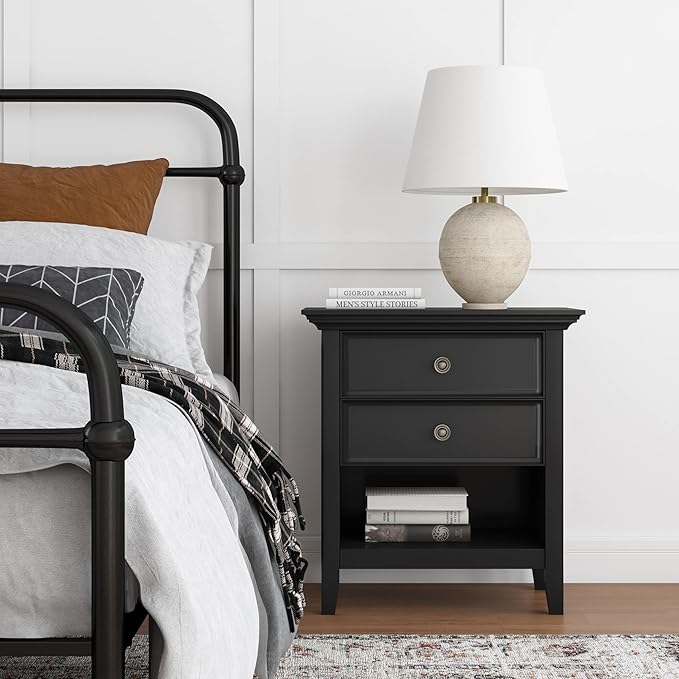 SIMPLIHOME Amherst SOLID WOOD 24 Inch Wide Traditional Bedside Nightstand Table in Black, For the Living Room and Bedroom