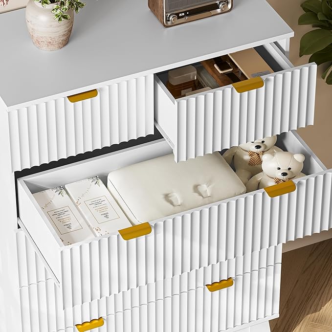 46" Tall Dresser for Bedroom, 6-Drawer Fluted Chest of Drawers, Modern Wood Highboy with Deep Storage, Metal Slides and Handles, Anti-Tip Kit, Vertical Clothes Organizer for Apartment, Nursery