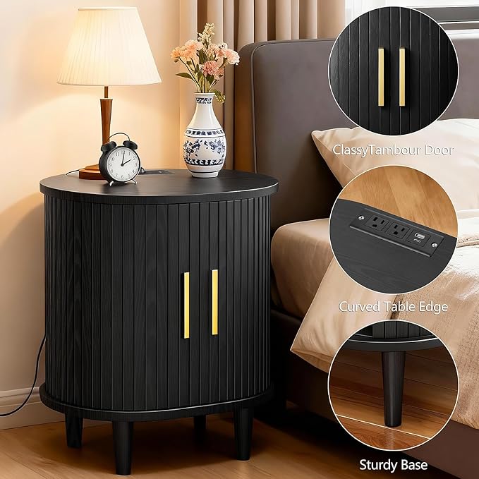 Nightstand with Charging Station, Fluted Accent Side Table with Sliding Door & Adjustable Shelf, Mid-Century Modern End Table for Small Space, Living Room, Bedroom(1, Black)