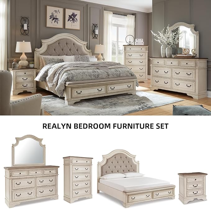 Signature Design by Ashley Realyn French Country 3 Drawer Nightstand with Electrical Outlets & USB Ports, 27.75" Tall, Chipped White