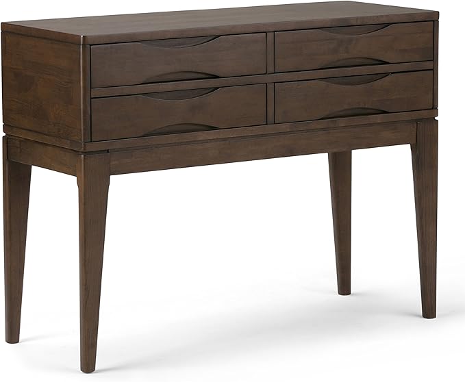 SIMPLIHOME Harper Console Table - 40 Inch Wide Solid Hardwood Sofa Table in Walnut Brown, Mid-Century Modern Storage Table for Entryway or Living Room with 4 Drawers, Notched Handles, and Tapered Legs
