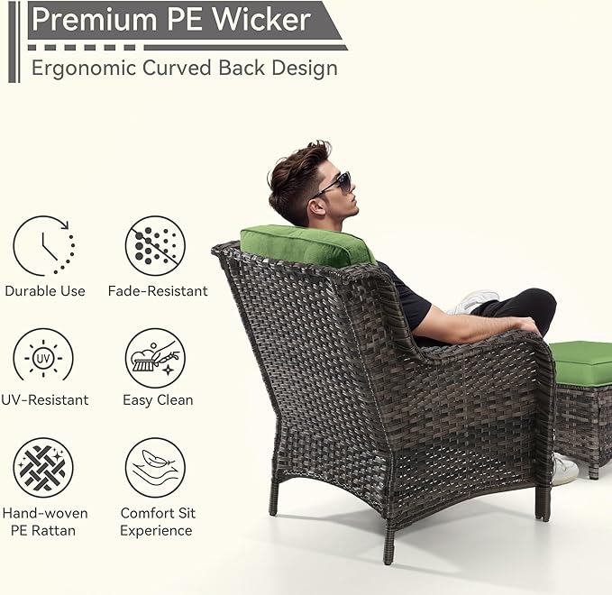 4 Pieces Patio Conversation Set, Wicker Chairs Set of 2 and Two Ottomans with 3.5-inch Seat Cushions, High Back and Curved Armrest for Backyard, Balcony and Deck, Green