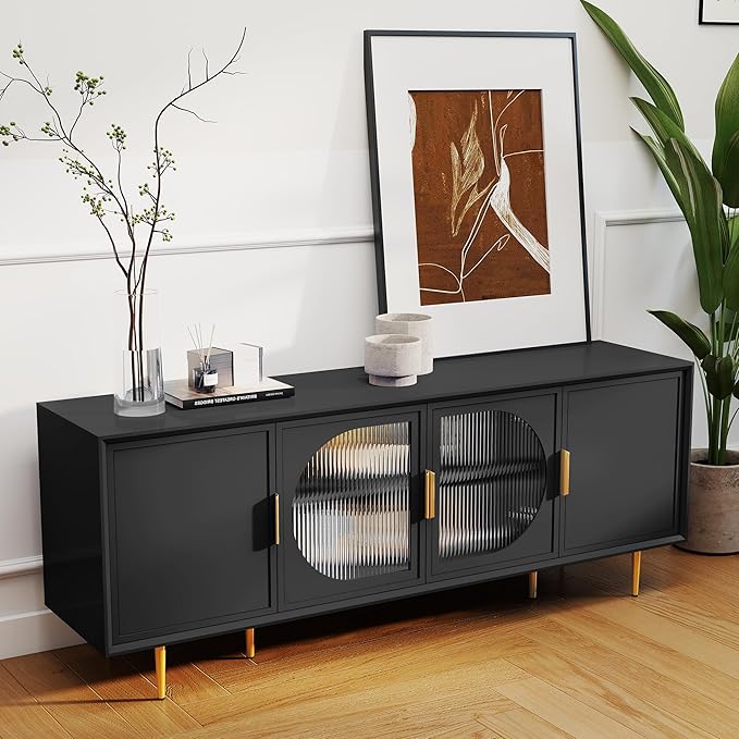 66" Modern TV Stand for TVs up to 75",TV Cabinet with Glass Door,Entertainment Center with Storage,Television Stands with Gold Legs,Media Console for Bedroom,Living Room,Black