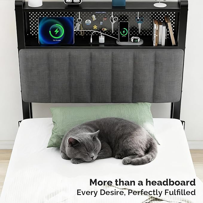 VINGLI Twin or Twin XL Size Headboard, Adjustable Upholstered Headboard with 2 Tier Shelves and Pegboard with Charging Stations and LED Lights, Modern Bed Headboard with Storage for Bedroom Decor