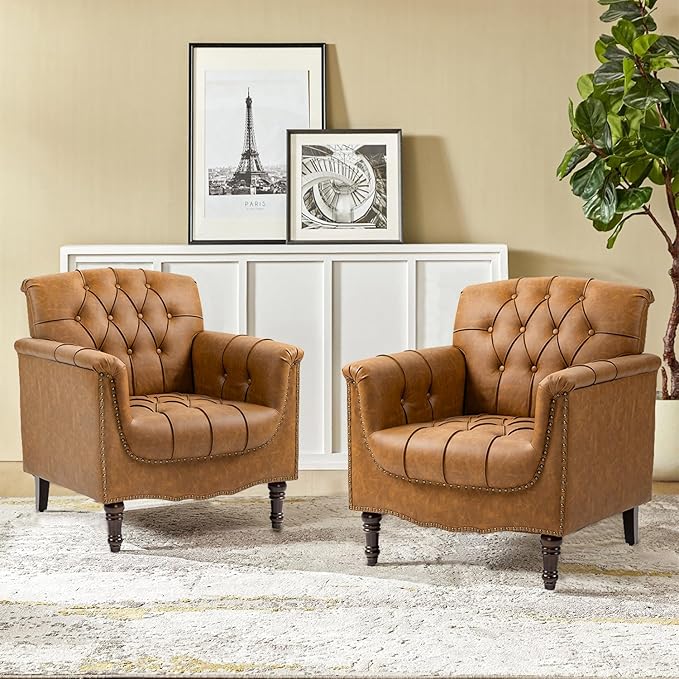 Pia Ricco Modern Tufted Accent Chair, Single Faux Leather Armchair with Nailhead Trim & Wood Legs, Comfortable Upholstered Seat for Living Room, Office - Camel