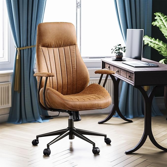 High Back Office Chair,Modern Swivel Office Chair,Brown Suede Fabric Gaming Chair,Height Adjustable Home Office Desk Chair with Lumbar Support