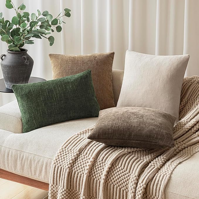 Foindtower Pack of 2 Textured Chenille Throw Decorative Pillow Covers Square Accent Solid Cushion Cover Neutral Farmhouse Lumbar Pillow Case for Couch Sofa Bedroom Living Room 12x20 Inch,Dark Green