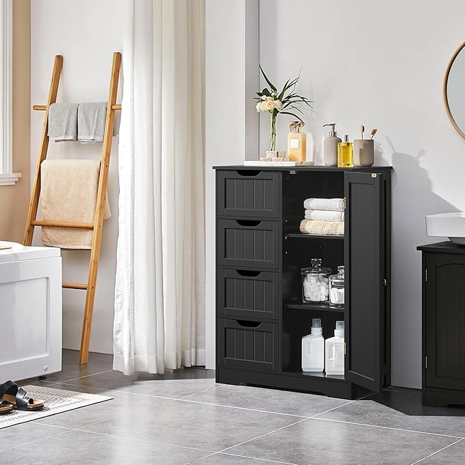 Yaheetech Wooden Storage Cabinet, Bathroom Storage Organizer with 4 Drawers & 1 Cupboard, Freestanding Cabinet Table for Bathroom, Entrance Area, Kitchen, Black