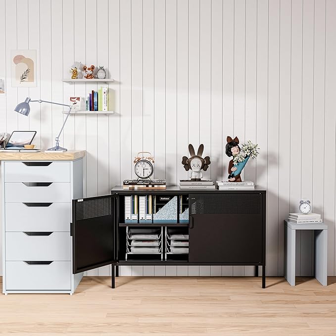2 Door Storage Sideboard, Metal Storage Cabinet with 2 Adjustable Shelf,Multipurpose Metal Accent Cabinet for Office Home,Music Studio (Black, 25''H)