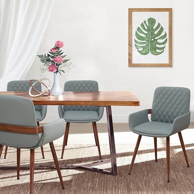 LUNLING Mid Century Modern Faux Leather Dining Room Chairs Set of 4,Upholstered Seat Metal Legs Chairs Blue Faux Leather Kitchen Chair Reception Room Chair,4PCS