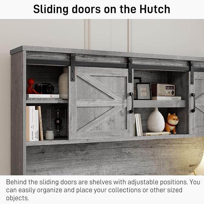 Farmhouse 67''H Executive Desk with Hutch & 5 Drawers, Rustic Office Desks Computer Desks with Charging Station, File Drawers and Storage Cabinets, Wood Workspace for Home Office & Study.(Grey).