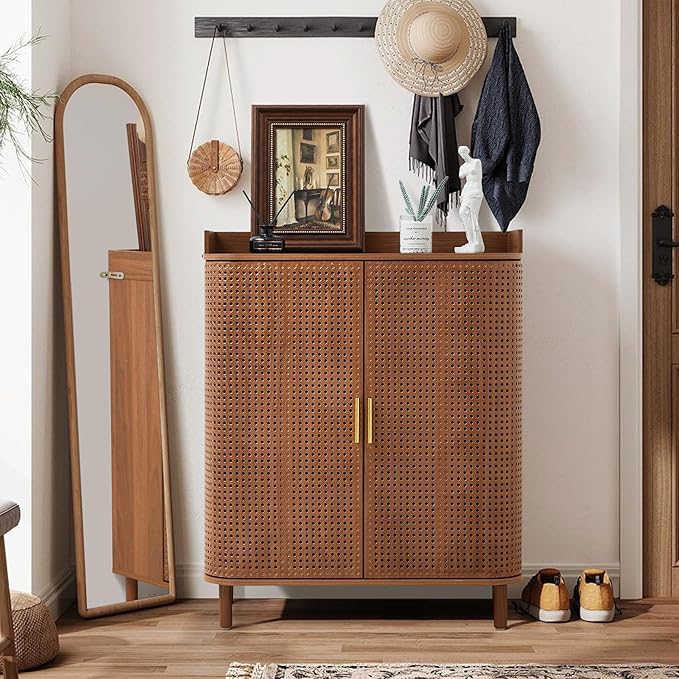 ORRD Shoe Cabinet, 5 Tier Boho Wooden Shoe Storage Organizer Cabinet with Adjustable Shelves, Shoes Rack with Iron Rattan Curved Doors Accent Cabinet for Entryway Hallway Living Room, Walnut
