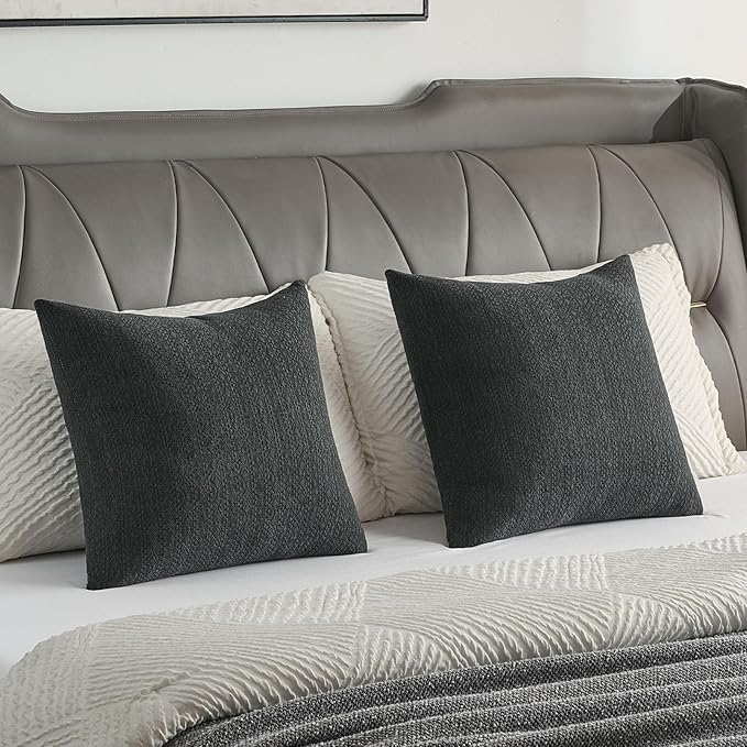FUTEI Black Chenille Throw Pillow Covers 22x22 Inch Set of 2,Soft Striped & Diamond Textured Cushion Cases,Modern Home Decor for Couch Living Room