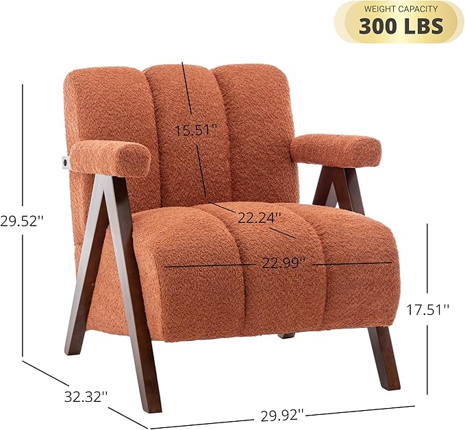 Mid Century Modern Accent Chairs Set of 2 with Solid Wood Frame, Boucle Upholstered Living Room Chairs with Thick Cushion, Comfy Tufted Arm Chair for Bedroom, Orange