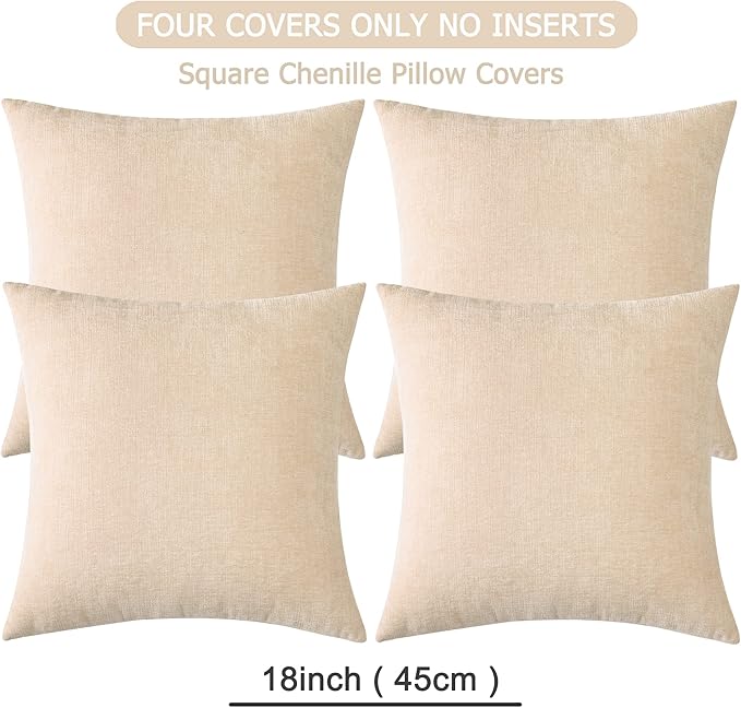 GAWAMAY Decorative Square Throw Pillow Covers 18"x18" Inch Set of 4, Super Soft Chenille Pillows Farmhouse Fall Pillowcase for Living Room Bedroom Sofa Couch Cushion Cover Beige 45x45cm (No Insert)
