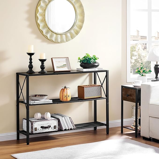 Hoctieon Industrial Console Table, 3 Tier Entryway Table, Hallway Table, Narrow Sofa Table with Shelves, Entrance Table for Entryway, Living Room, Foyer, Hallway, Office, Grey