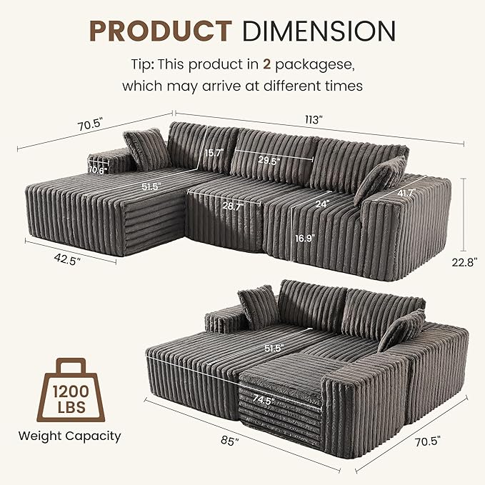 Apicizon 113" Modular Sectional Couch for Living Room, L Shaped Sectional Sofa Couch with Deep Seat, 3 Seat Boneless Sofa with Chaise Longue for Apartment,No Assembly Required (Plush Corduroy Gray)