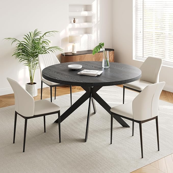 45.3" Round Dining Table & 4 PU Leather Chairs, Mid Century Modern Round Dining Table Chair Set for 4, w/Metal Legs, for Kitchen Dining Room, Living Room, Office, Save Space