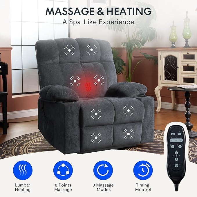 FLEXISPOT XL5 Dual OKIN Motor Power Lift Recliner Chair for Elderly, Lay Flat Electric Recliner with Massage & Heat, USB Ports, Fabric Reclining Sofa for Living Room Bedroom, Grey