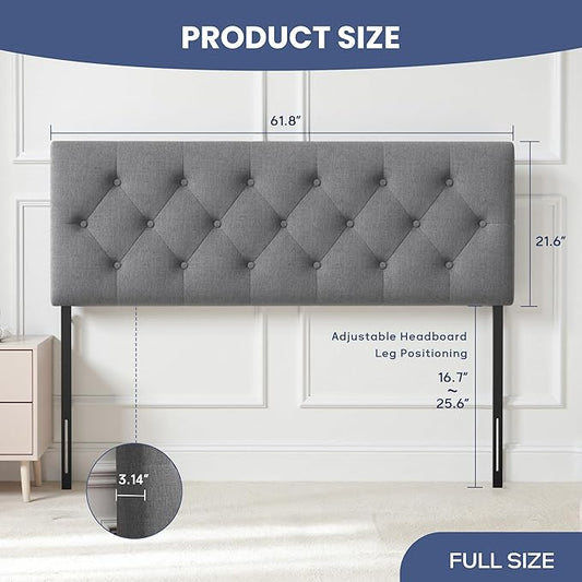 Tufted Upholstered Headboard Queen Size, Solid Wood Head Board with Durable Metal Legs, Linen Fabric Padded Headboard, Adjustable Height from 37” to 51”, Modern Button Design Head Board, Grey