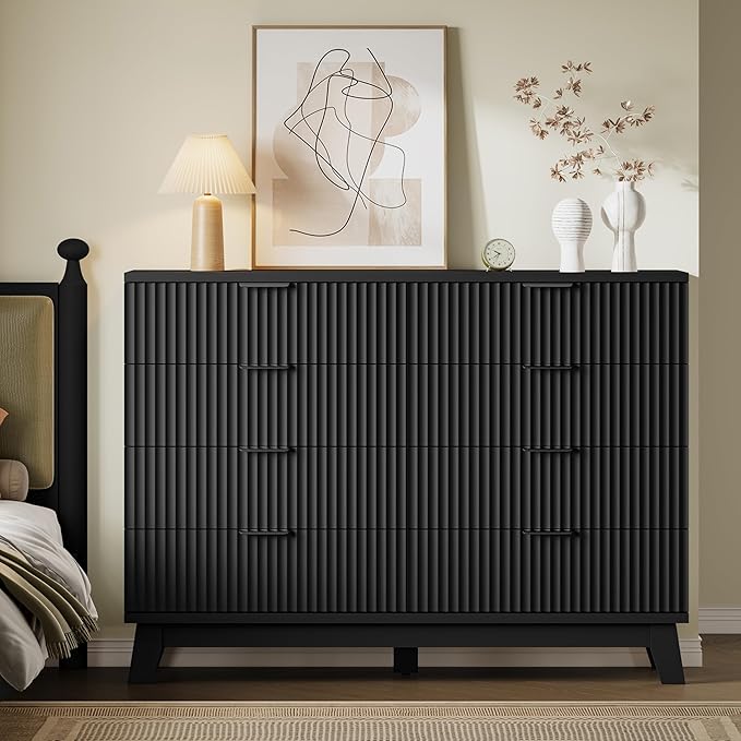 53" Tall Dresser for Bedroom, 8-Drawer Fluted Chest of Drawers, Modern Wood Highboy with Metal Slides and Handles, Anti-Tip Kit, Vertical Clothes Storage Organizer for Apartment, Closet