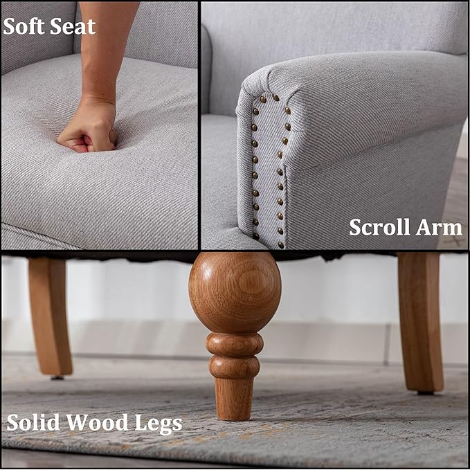 DM-Furnitue Wide Armchair Modern Linen Accent Chair Comfy Reading Chairs Upholstered Lounge Chair Single Sofa Couch for Bedroom/Living Room, Grey