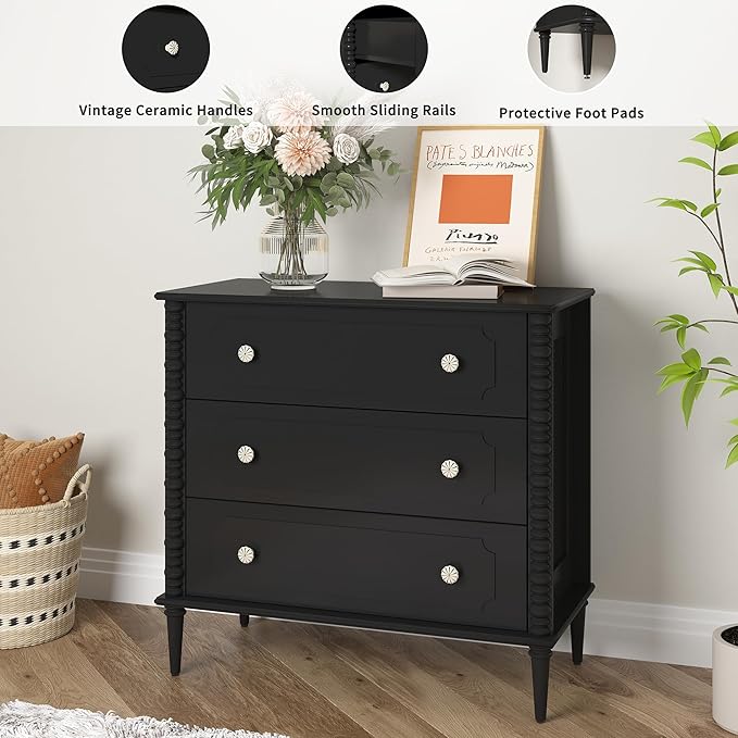 3 Drawer Dresser, 32 inch Wide Dresser for Bedroom, Modern Wood Chest of Drawers, Turned Legs Nightstand with 3 Drawers for Dorms, Hallway, Entryway (Black)