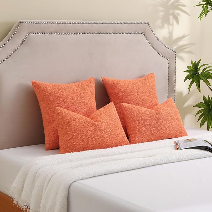 FUTEI Pack of 2 Orange Decorative Throw Pillow Covers 24x24 Inch Soft Cozy Solid Boucle Textured European Cushion Case,Modern Home Decor for Couch Bed Living Room
