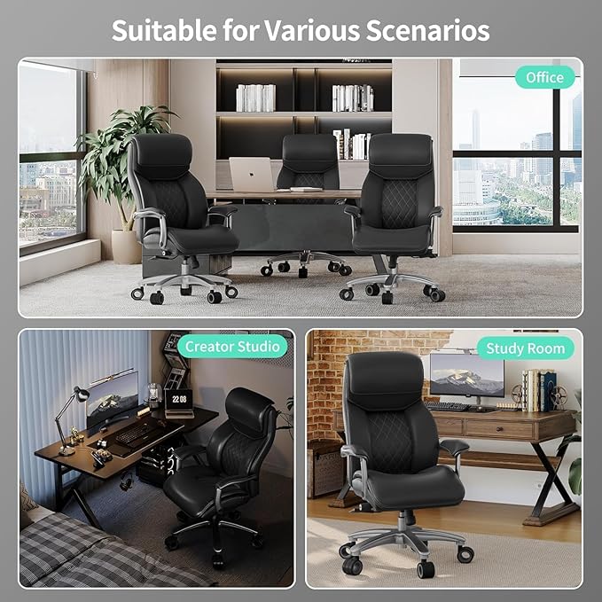 Big and Tall Office Chair with Wide Area Armrest, 600lbs Heavy Duty Desk Chair with Adjustable Lumbar Support, PU Leather High Back Ergonomic Executive Computer Chair with 3'' Silent Casters