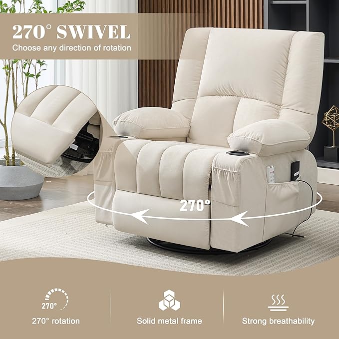 Swivel Rocker Chair with Heat and Massage, 270° Power Recliner Chairs for Adults, USB and Type-C Ports, Oversized Recliner Single Sofa, Electric Glider Chair(Beige)