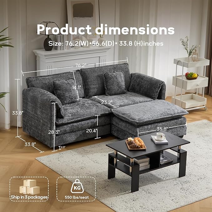 76.2" Modular Sectional Sofa with Movable Ottoman, Deep Seat couches for Living Room, 2 Seater Loveseat Sofa, L Shaped Comfy Cloud Couch with Removable Cover, Armrest Pillow (Grey)