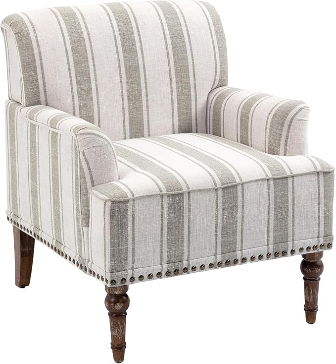 UIXE Stripe Accent Chair, Modern Upholstered Armchair in Fabric for Living Room, Nailhead Trim Club Arm Chair Comfy Single Sofa Bedroom Reading Seat with Wood Legs - Brown