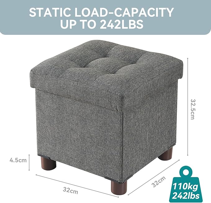 BRIAN & DANY Small Ottoman with Storage, Small Storage Ottoman, Folding Foot Stool with Wood Legs for Living Room and Bedroom Linen Rest Seat, 12.6"x12.6"x12.8" - Gray