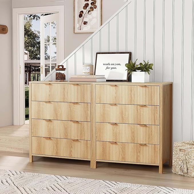 XUZENEST4 Drawer Double Dressers for Bedroom with Waveform Fluted Panel Design, Modern Wide Chest of Drawers,Wood Storage Dresser Chest of Drawers for Bedroom Living Room Hallway Closet,Natural 2 Sets