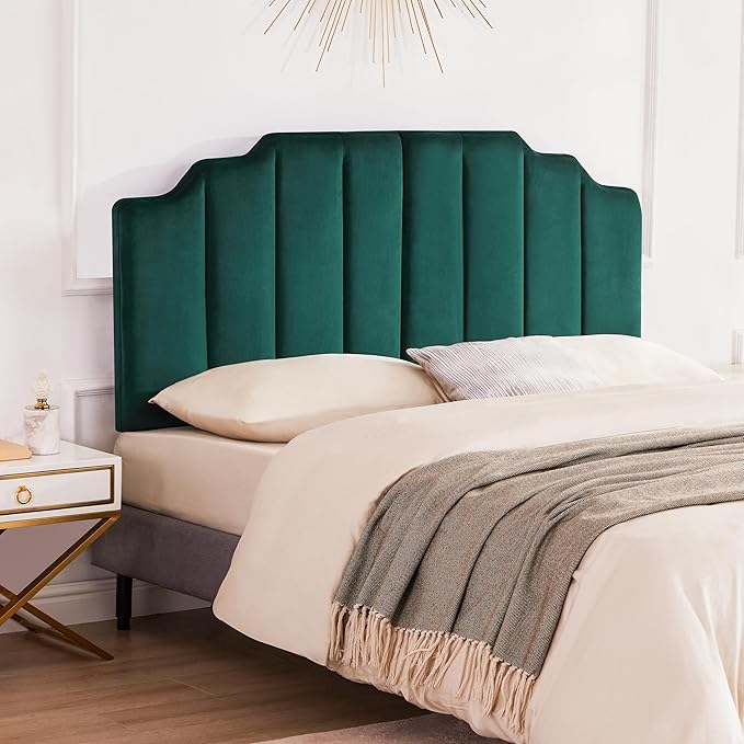 Velvet Upholstered Headboard Queen, Tufted Headboard, Elegantly Curved Queen headboard only,Soft Padded headboards, Modern Vertical Channel Design Head Board, Dark Green