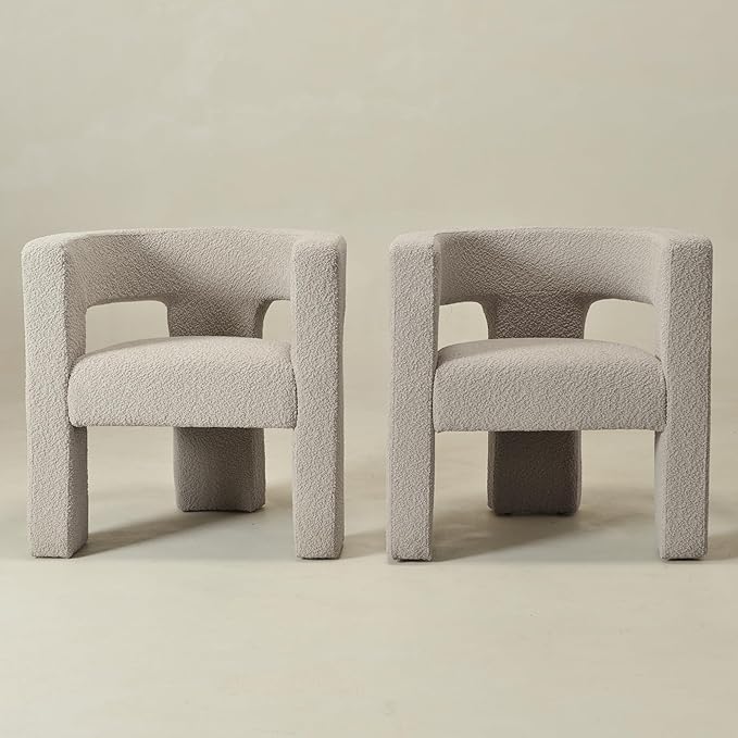 KINWELL 28" W Boucle Accent Chair Armchairs Set of 2, Upholstered Square Open-Back Barrel Chair, No Assembly Side Chair ArmChairs for Living Room Bedroom Lounge (Oatmeal)