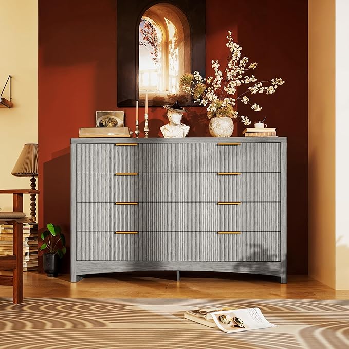 Marsail Fluted 8-Drawer Wide Wooden Dresser, Smooth Gliding Drawers & Large Capacity Storage Space, Modern Organizer Cabinet for Bedroom or Hallway, Light Grey